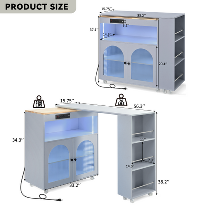 Grey Rolling Kitchen Island Cart With LED Light USB Socket & Fluted Glass Doors