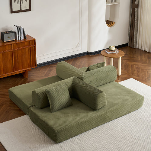 Green Corduroy Convertible Sleeper Sofa Bed with Cylindrical Pillow