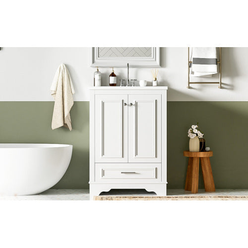 24'' Bathroom Vanity with Ceramic Sink Combo, Modern Freestanding Storage Cabinet with Silver Handles, Soft Closing Doors