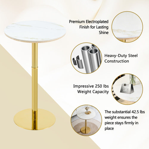 Rock slab circular tabletop non adjustable (39.5 inches high) bar table, bar table with gold legs and base (white+gold)