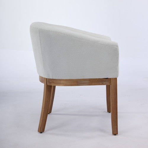 Single Beige Mid-Century Barrel Linen Arm Dining Chair, Farmhouse Style, Natural Rubberwood Frame
