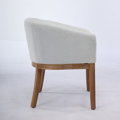 Single Beige Mid-Century Barrel Linen Arm Dining Chair, Farmhouse Style, Natural Rubberwood Frame