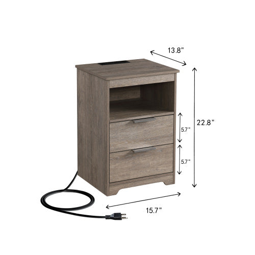 Gray Nightstand with Charging Station, 2 Drawers & Open Shelf Wooden Modern End Table