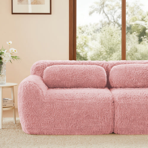 Pink L-Shaped Plush Boneless Modular Sofa, Movable Ottoman, 32D Sponge, No Assembly
