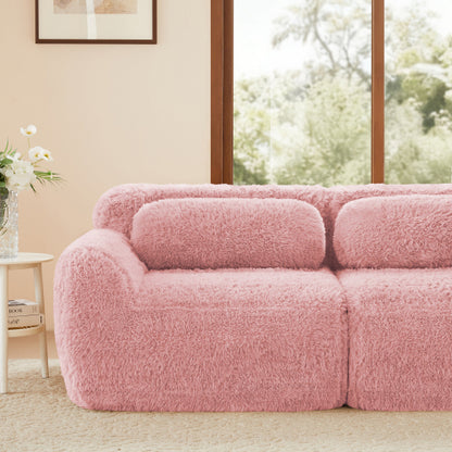 Pink L-Shaped Plush Boneless Modular Sofa, Movable Ottoman, 32D Sponge, No Assembly