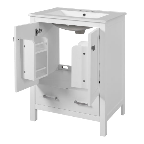 24-inch bathroom vanity with integrated undermount basin and a storage cabinet featuring 2 doors and 1 drawer. Includes double-layer door shelf, soft-close design, and versatile storage solutions