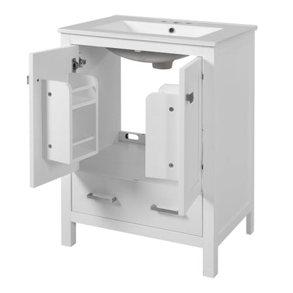 24-inch bathroom vanity with integrated undermount basin and a storage cabinet featuring 2 doors and 1 drawer. Includes double-layer door shelf, soft-close design, and versatile storage solutions