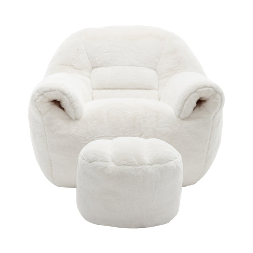 White Faux-Fur Bean Bag Sofa Chair with Back Support & Matching Footstool
