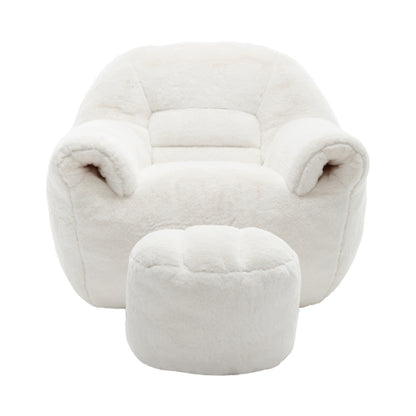 White Faux-Fur Bean Bag Sofa Chair with Back Support & Matching Footstool