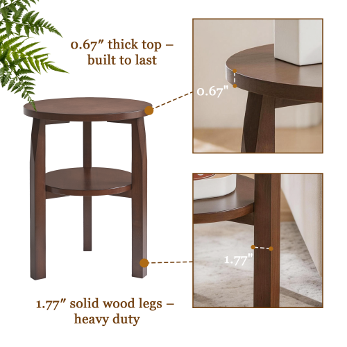 Solid Rubberwood 2-Tier Round End Table, Open Shelf Accent Side Table for Living Room Bedroom
