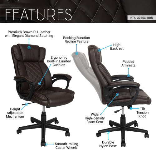 Ergonomic Executive Office Chair High Back Brown Faux Leather ¨C Adjustable Height, Lumbar Support, Diamond-Stitched Padding, Swivel Desk Chair w/Armrests & Tilt Recline for Home Office