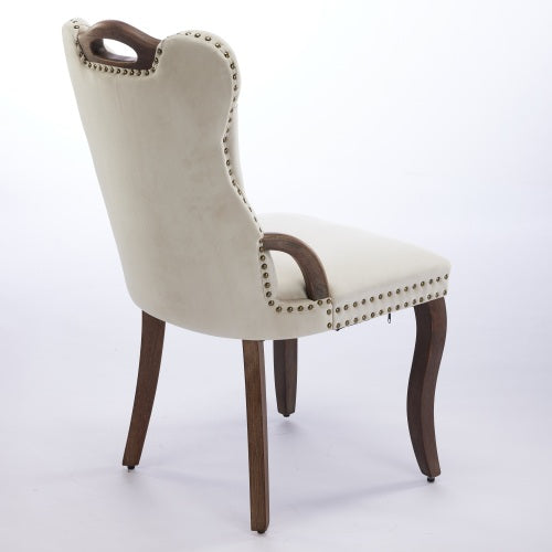 Set of 2 Beige Hand Tufted Velvet Dining Chairs, Solid Wood Handles Vintage Copper Nail Curved Wood Legs