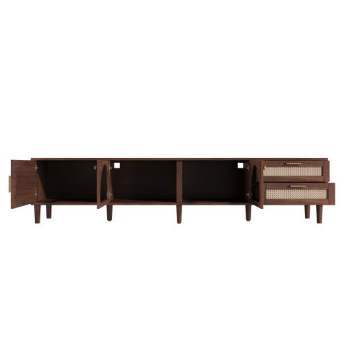 86 inch TV Stand for TVs Up to 90 inch, Rattan Media Console with LED Lights, Drawers & Glass Storage