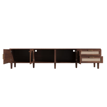 86 inch TV Stand for TVs Up to 90 inch, Rattan Media Console with LED Lights, Drawers & Glass Storage