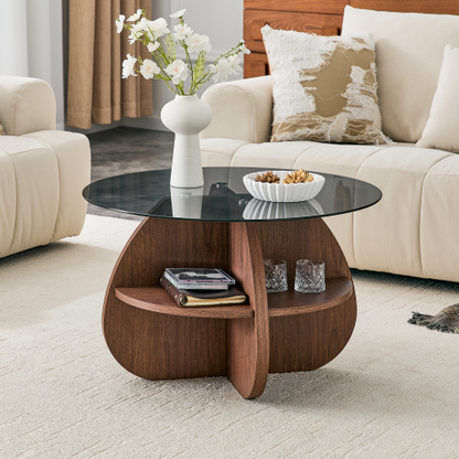 29.5inch  Round Cross-Structure Glass Coffee Table, Walnut Fan-Shaped Storage Base