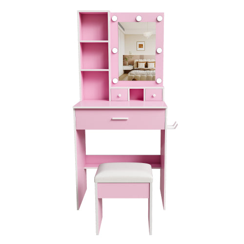 Pink Compact LED Vanity Table Set, Power Outlet, Hairdryer Holder, Drawers & Upholstered Stool