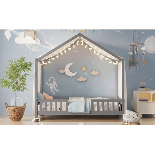 Montessori Floor Bed with Canopy, Twin Bed Frame for Kids, House Shape Toddler Bed Frame with High Railings, Wood Kids Bed with Roof, Kid Twin Bed, Grey