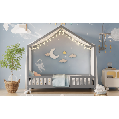 Montessori Floor Bed with Canopy, Twin Bed Frame for Kids, House Shape Toddler Bed Frame with High Railings, Wood Kids Bed with Roof, Kid Twin Bed, Grey