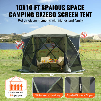 Pop Up Gazebo Tent, Pop-Up Screen Tent 6 Sided Canopy Sun Shelter with 6 Removable Privacy Wind Cloths & Mesh Windows, 10x10FT Quick Set Screen Tent with Mosquito Netting, Army Green
