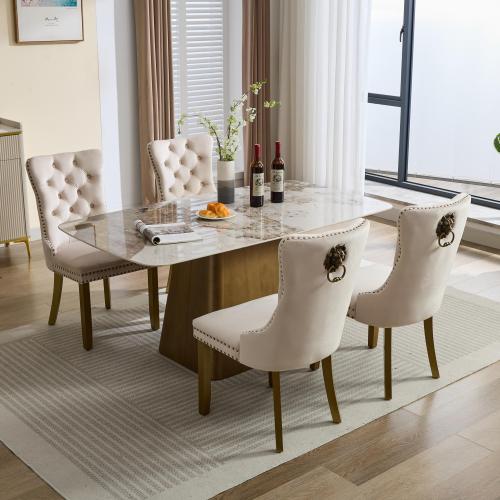 Mid-Century Modern Velvet Dining Chairs Set of 2 with Lion Head Pull Ring, Tufted Upholstered Chair, Beige