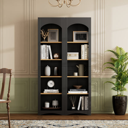 Farmhouse 5-Tier Bookcase Set of 2 with Adjustable Shelves, Black