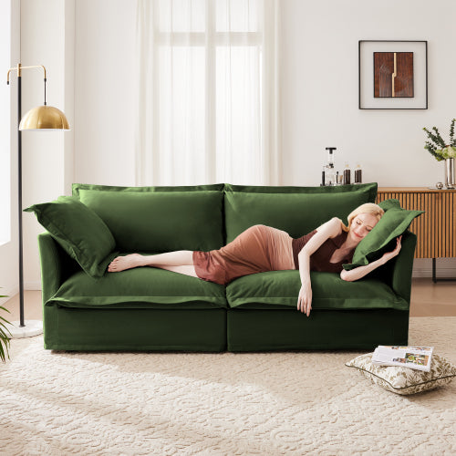 Green Slipcovered Chenille Deep-Seat 2-Seat Sofa,Removable Cover
