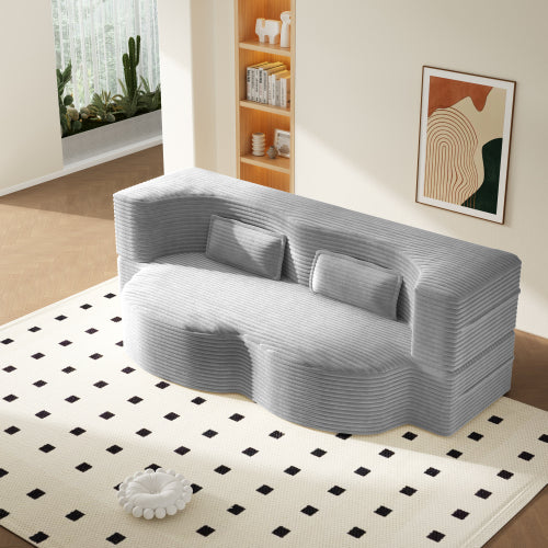 Light-Grey Twin-Size Corduroy Convertible Floor Sofa-Bed,2 Pillows