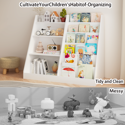 White 4-Tier Multi-functional Kids Wooden Bookshelf, MDF 2-Shelf 1-Bin Toddler Bedroom Storage Organizer