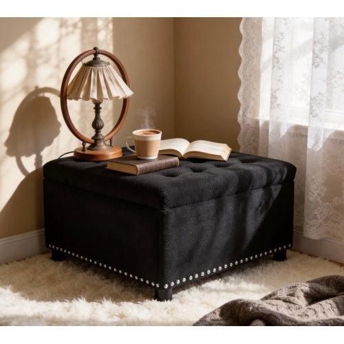 Black Tufted Square Storage Ottoman with Nailhead Trim, Multi-Functional Upholstered Footstool for Living Room & Bedroom