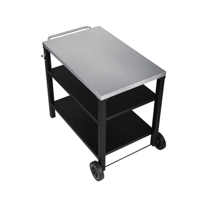 3-Tier Outdoor Grill Cart with Stainless Steel Top, Movable BBQ Prep Table with Wheels, Rolling Serving Bar Cart for Patio, Backyard, Pizza Oven Stand, Black