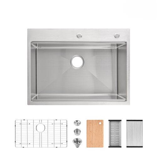 Stainless Steel Kitchen Sink, 30″x22″ Single Bowl, Overmount Handmade Sink in Brushed, with Cutting Board, Colander, Grid, SS-BR-08