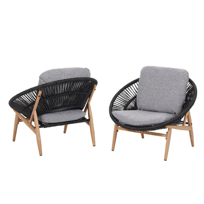 Cyril Outdoor Wicker Papasan Style Lounge Chair, Dark Grey Wicker with Grey Cushion, Set of 2