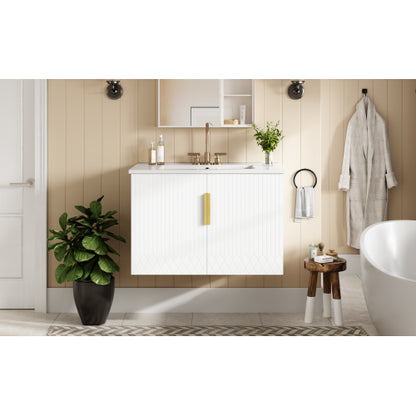 30" Vintage Bathroom Vanity with Ceramic Sink, with 3 Holes Single Ceramic Sink, Bathroom Storage Vanity Cabinet with 2 Soft Closing Doors