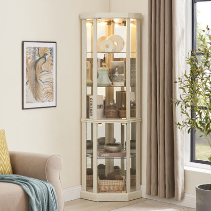 Antique White Corner Lighted Glass Curio Cabinet Adjustable Shelf Magnetic Door Home Collection Wine Display Cabinet