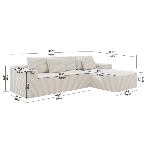 104.3*68.9 inch  White 2-PC Modular Compressed Corduroy Sectional Sofa, No Assembly