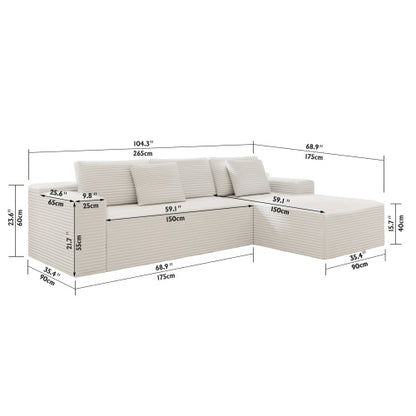 104.3*68.9 inch  White 2-PC Modular Compressed Corduroy Sectional Sofa, No Assembly