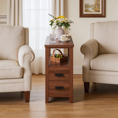 End Table with Charging Station,Side Tables with USB Ports & Outlets,Side Table with 2 Drawers, Small Wood Bedside Table, Small Rustic Side Table, Modern End Table with Drawer