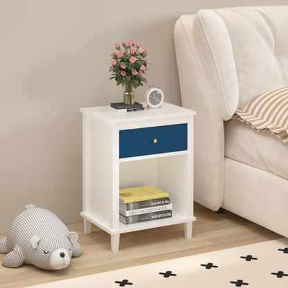 26.77''H Wooden Nightstand with One Drawer One Shelf for Kids, Adults, Navy+Golden handle