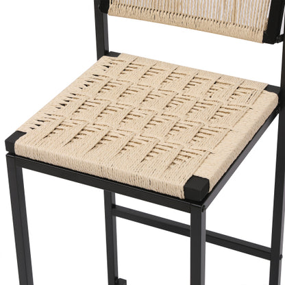 Set of 2 Woven Bar Stools with Backrest Paper Rope Weave Dining Chairs for Kitchen Island (Style B Black & Creamy White)