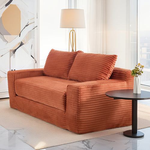 Orange Memory-Foam Convertible Loveseat Sofa-Bed Steel-Frame Corduroy No-Assembly Couch for Small Spaces