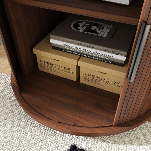 Walnut Cylinder Nightstand, Mid-Century Round Side Table with Charging Station & Sliding Door