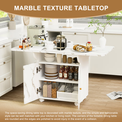 Folding Dining Table with Storage Cabinet Wheels and Marble Finish White