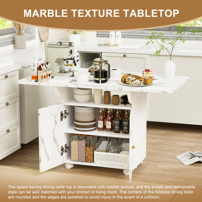Folding Dining Table with Storage Cabinet Wheels and Marble Finish White