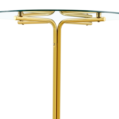 Round glass bar high table, 36 inch round bar table, tempered glass tabletop, sturdy gold chrome plated four column support, suitable for transparent round bar tables in small spaces, kitchens