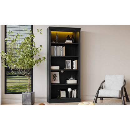 Black 5-Tier Tall Bookshelf With USB LED Light Strip Adjustable Home Display Rack
