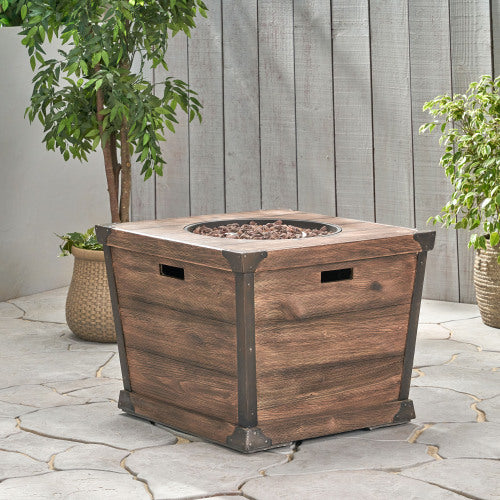 Outdoor Patio 24'' H x 32'' W Square Gas Burning Concrete Fire Pit Wood Pattern - Brown - 40,000 BTU (Tank Inside)