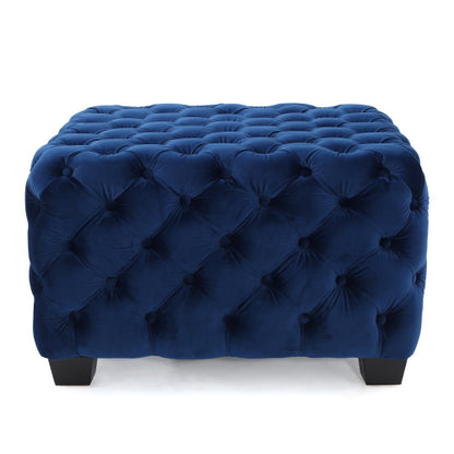Navy Blue Velvet Button Tufted Ottoman, Diamond Stitch Modern Glam Accent Seat for Living Room