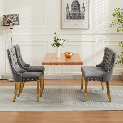 Velvet Double Dining Loveseat Bench, Kitchen & Dining Seating, 2-Seat Tufted Bench w/Handmade Buttons, Wing Back, Gold-Plated Steel Legs, Mid Century Modern,Single Pack,Gray,