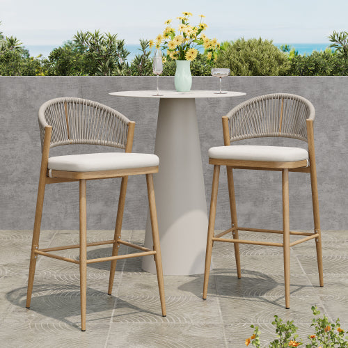 Outdoor 30.25" Seat Height Aluminum Frame Barstools with PE Rattan Scallop-shaped Backrest, Set of 2, Maple Finish