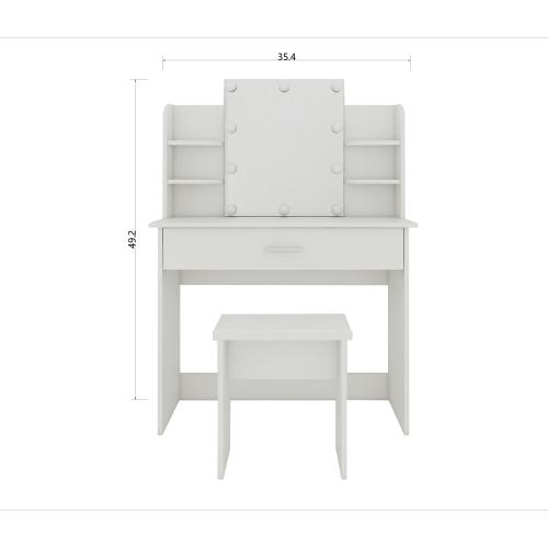 White One Drawer Dresser Vanity Table with Open Shelves, Adjustable Mirror & Matching Stool, Compact